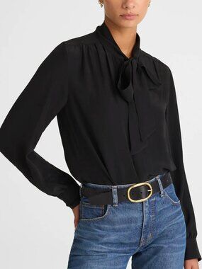 Madewell Tie-Neck Button Placket Down Long Sleeve Top Black Size S NWT